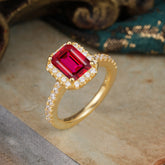 2 Carat Emerald Cut Ruby Engagement Ring Pave Halo Bridal Ring